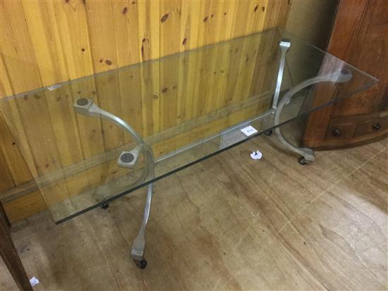 20th century industrial aluminium glass topped coffee table, W.4ft